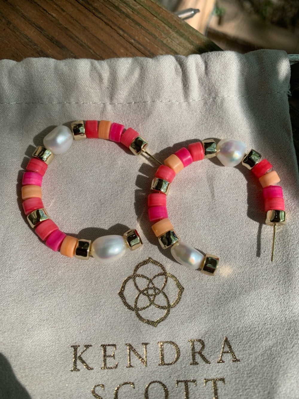 Kendra Scott Gigi Pink & White Beaded Hoop Earrings with Gold and Pearl Accents